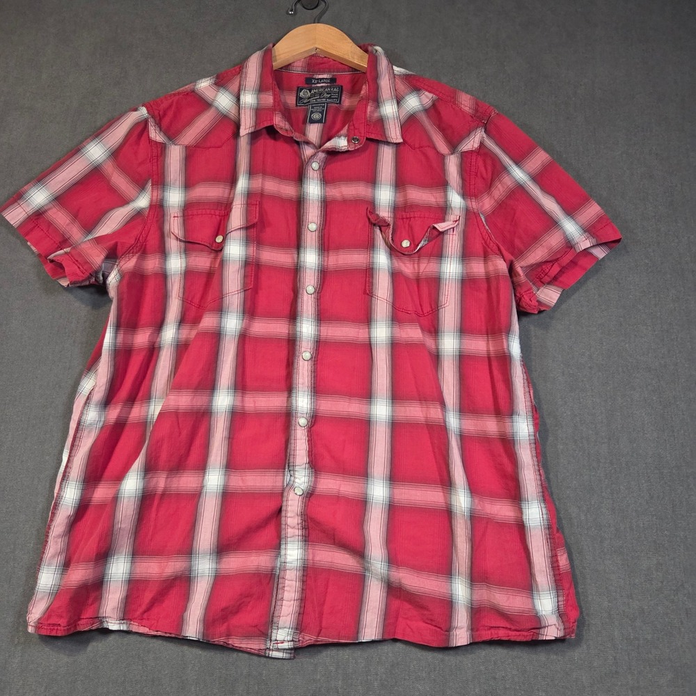 American Rag Western Shirt Mens XXL Red Plaid Short Sleeve Pearl Snap Cotton